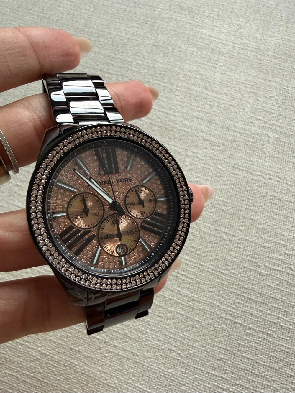 Michael Kors Black Bracelet Watch with Rose-Tone Dial and Crystal Bezel